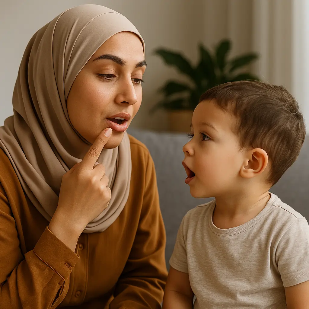 ام تحاول تعليم طفلها